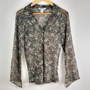 90s Sheer Long Bell Sleeve Floral BOHO Hippie Top